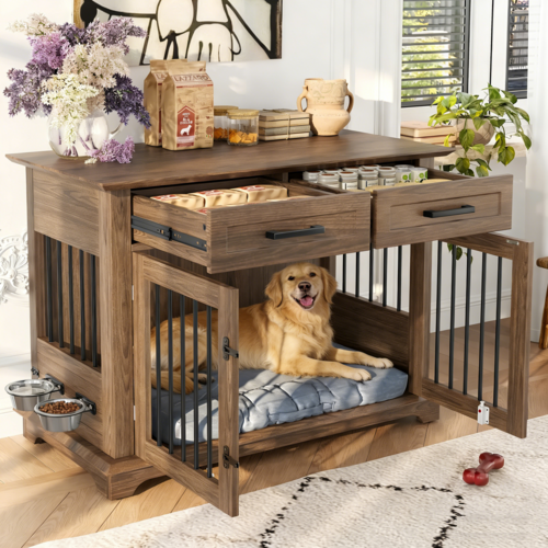 44.48' Large Dog Crate Furniture, Indoor Wooden Dog Kennel End Table