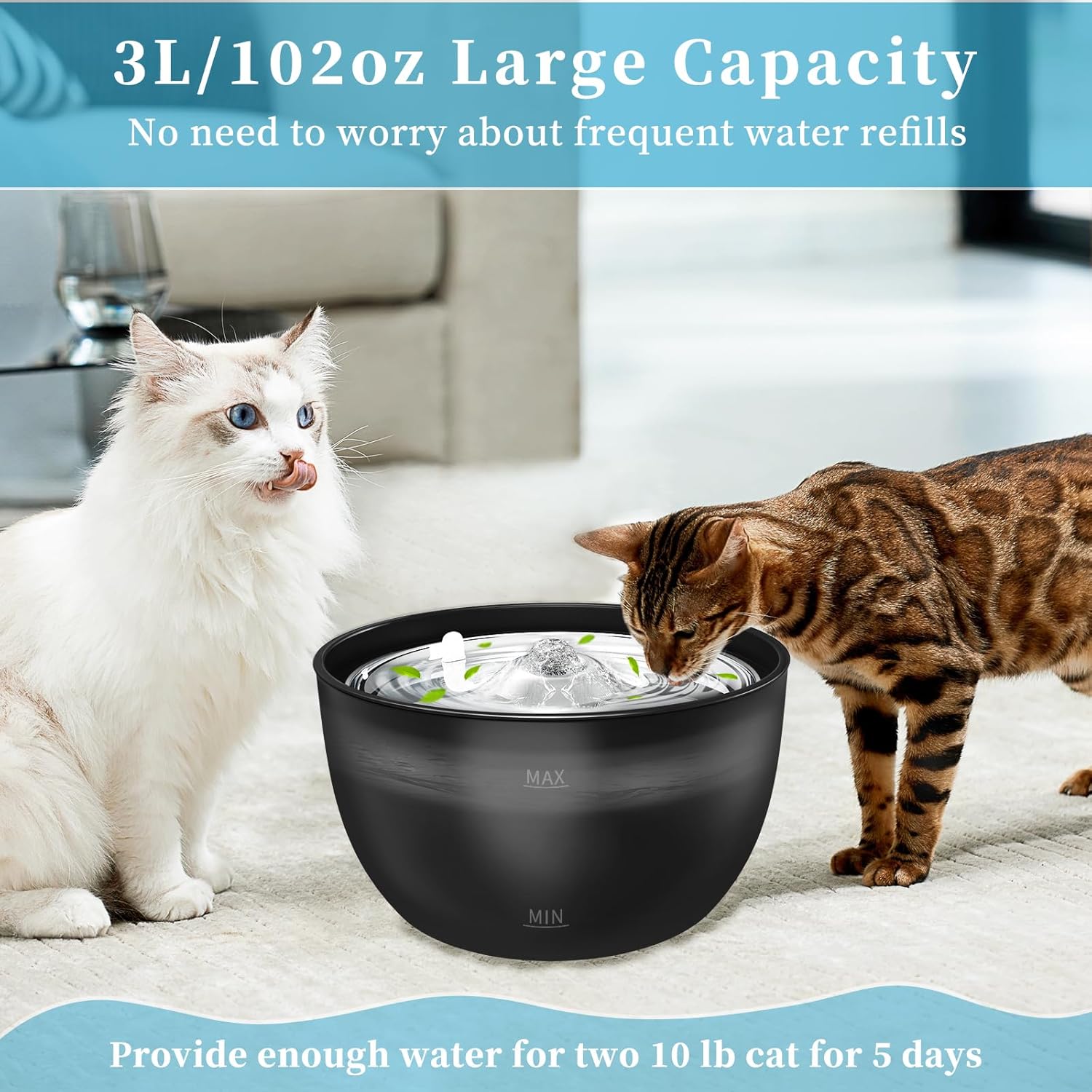 Stainless Steel Automatic Cat Water Fountain - 3L (102oz) Quiet Flow Design