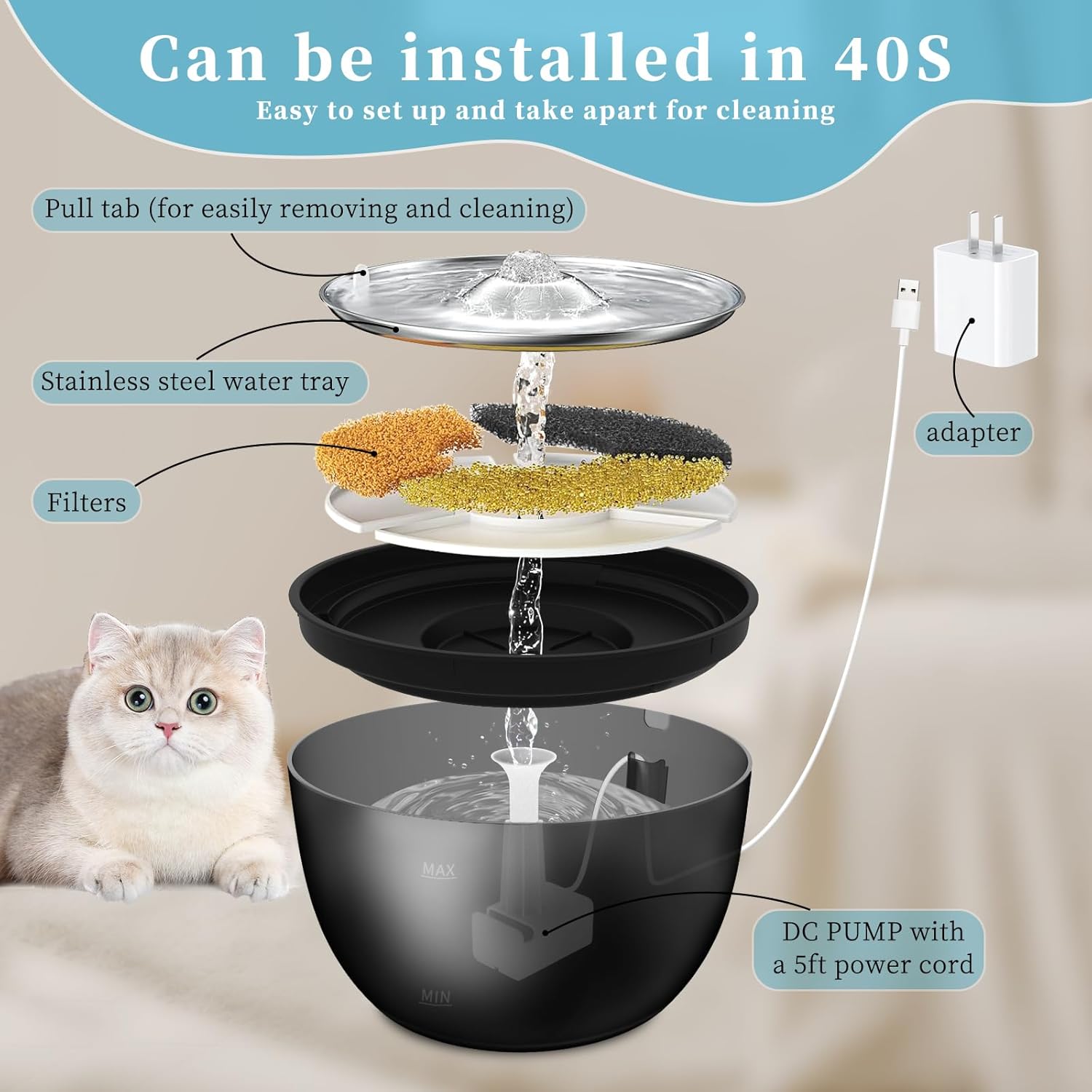Stainless Steel Automatic Cat Water Fountain - 3L (102oz) Quiet Flow Design